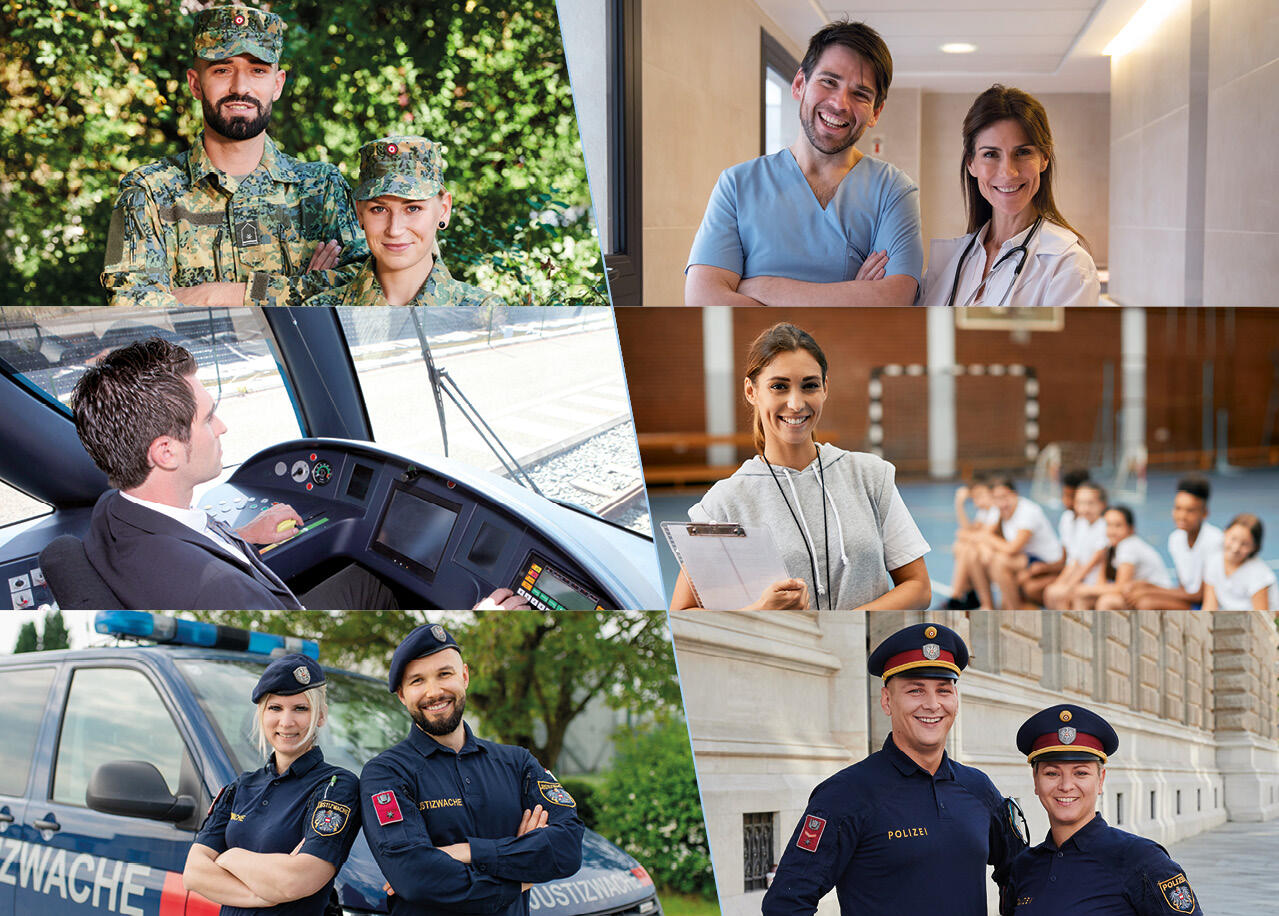Im Bild sind die unterschiedlichen Berufsgruppen der Haupt-Zielgruppen für ÖBV Versicherungen zusammengeschnitten.