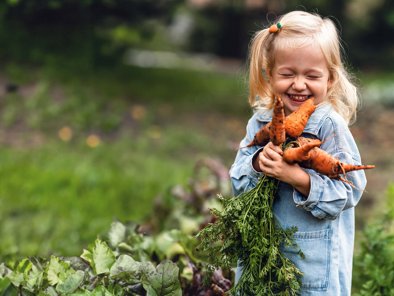 Kinder- und Jugendvorsorge: Ein Mädchen mit blonden Haaren steht im Garten, hält frisch geerntete Karotten in den Händen und lacht.