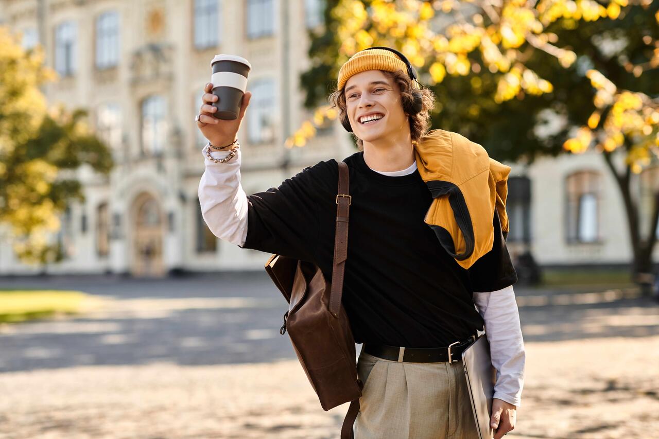 Ein junger Mann spaziert mit Laptop und Coffee-to-Go Becher in der Hand einen Weg entlang und grüßt im Gehen jemanden.