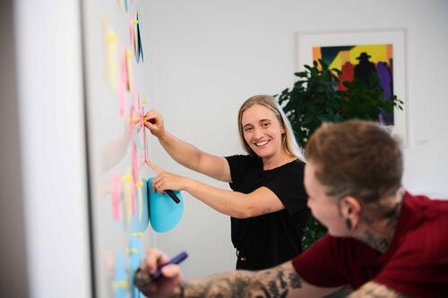 ÖBV Versicherungsmitarbeiter:innen arbeiten am Whiteboard. 