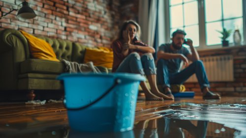 ÖBV Haushaltsversicherung für junge Menschen Ein Paar sitzt betrübt auf dem Boden ihres Wohnzimmers. Der Boden des Wohnzimmers ist aufgrund eines Wasserschadens überschwemmt.