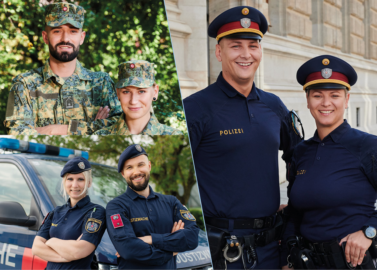 Das Bild zeigt einen Zusammenschnitt von Personen aus den Berufsgruppen Exekutive, Justiz und Heer.